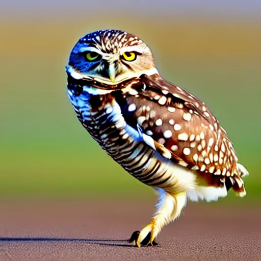 Image similar to a picture of a burrowing owl that didn't sleep standing or perched, he slept in what could be described as a squat with his short stubby tail supporting him and his legs splayed out to the sides