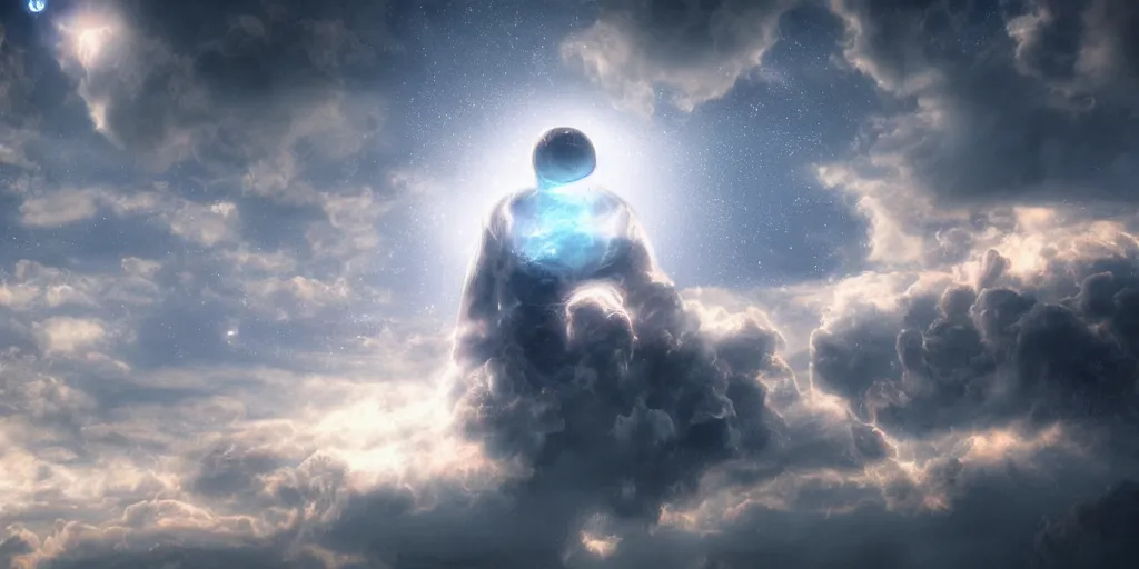 Prompt: glowing atom amongst clouds, volumetric, digital art, art station, extremely detailed
