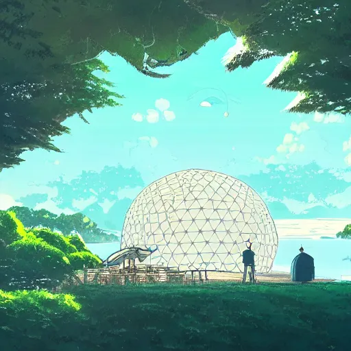 Prompt: geodesic dome in front of a lake with gardens and waterfall gapmoe kuudere moody lighting stunning bokeh highlights sharp contrast trending pixiv fanbox by victo ngai makoto shinkai takashi takeuchi studio ghibli