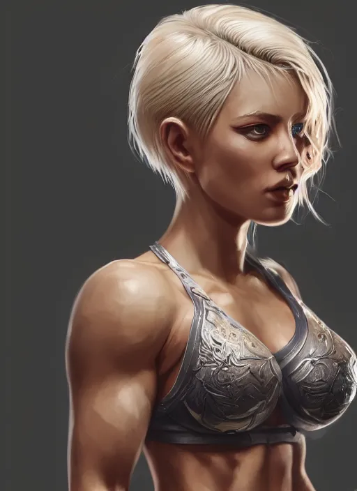 Prompt: a highly detailed illustration of short platinum blonde haired woman wearing mma bra, heroic muay thai stance pose, muscular, intricate, elegant, highly detailed, centered, digital painting, artstation, concept art, smooth, sharp focus, league of legends concept art, WLOP