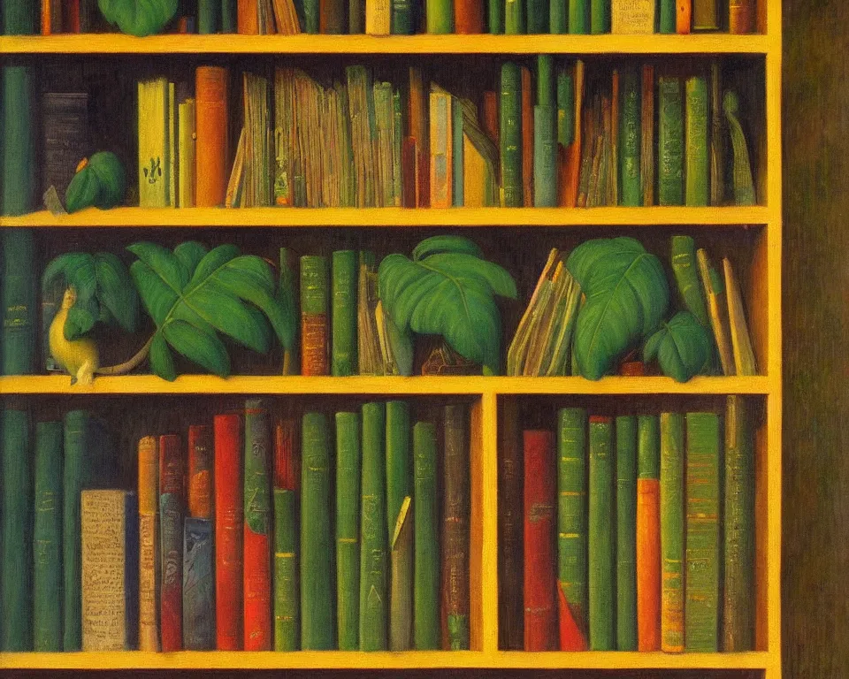 Image similar to one small bookshelf in the rainforest, featuring gavels, by raphael, hopper, and rene magritte. hyperdetailed, proportional, romantic, enchanting, achingly beautiful, graphic print, trending on artstation, jungle, tropical, foliage