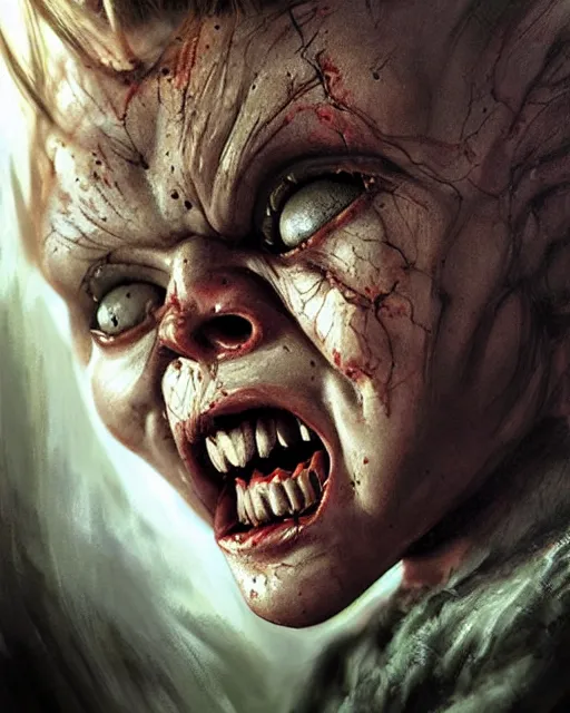 Image similar to chucky, hyper realistic face, horror, fantasy art, in the style of greg rutkowski, intricate, hyper detailed