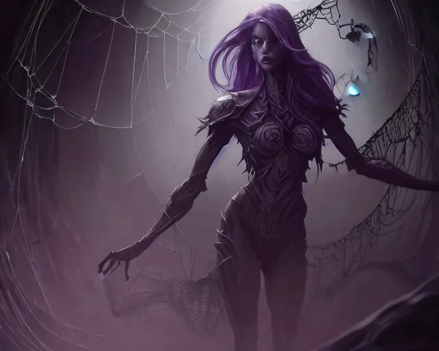 Prompt: a 4 k cinematic screenshot still portrait of a dark elf in a dark liminal space room surrounded by spider webs, deep focus, d & d, fantasy, intricate, elegant, highly detailed, digital painting, art station, concept art, matte, sharp focus, illustration, dark fantasy style art, hearthstone, art by artgerm and greg rutkowski and alphonse mucha