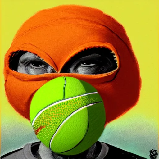 Prompt: a tennis ball monster , orange hoodie, cherub wings, balaclava, digital art, fantasy, magic, trending on artstation, ultra detailed, professional illustration by Basil Gogos