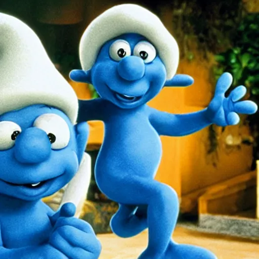 Prompt: Still of the Smurfs as a guest stars in Friends