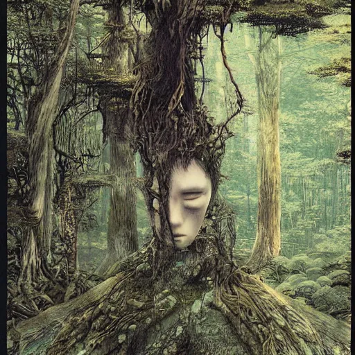 Image similar to a simple concept art portrait of an ancient temple in the forest, an award winning yoshitaka amano digital art poster, by, james gurney and gerhard richter. art by takato yamamoto. masterpiece, deep colours.