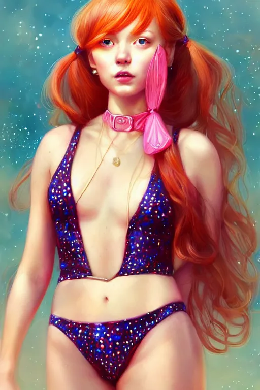 Image similar to beautiful full body portrait of a ginger woman in pigtails, wearing a sparkling pink one piece swimsuit with giant! dragonfly wings, by wlop and artgerm, steampunk! fiction, detailed eyes, starry background, trending, on artstation.