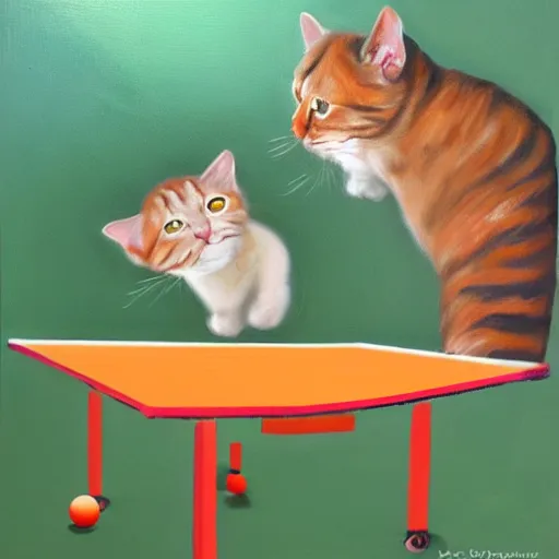 Image similar to Dos gatos jugando al ping pong sobre fondo naranja, oil painting