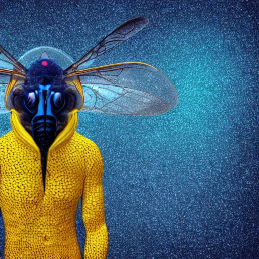 Image similar to human man that resembles a wasp morh in surreal sketch style, blue and yellow gradient, noise, ultrafine detail, hd 8k, logo illustration