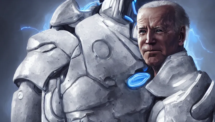 Image similar to joe biden in white armor with blue lights in it, white background, hyperdetailed, artstation, cgsociety, 8 k