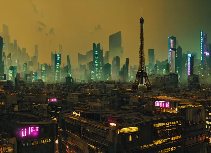 Image similar to cyberpunk scifi scene of paris at night, scifi drones in the sky, artstation, matt painting, very detailed, maximalism, ambient occlusion, volumetric light, atmospheric haze, unreal engine, hyper realism, realistic shading, cinematic composition, realistic render, octane render, detailed textures, photorealistic, wide shot