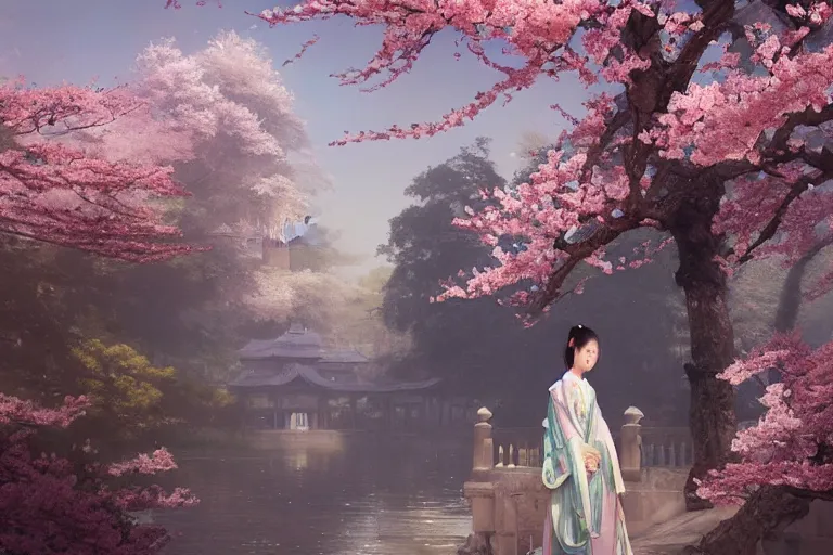 Prompt: a beautiful picture of sakura in full bloom, palace ， a girl in hanfu, by greg rutkowski and thomas kinkade, photorealistic, epic art, ninja, trending on artstation