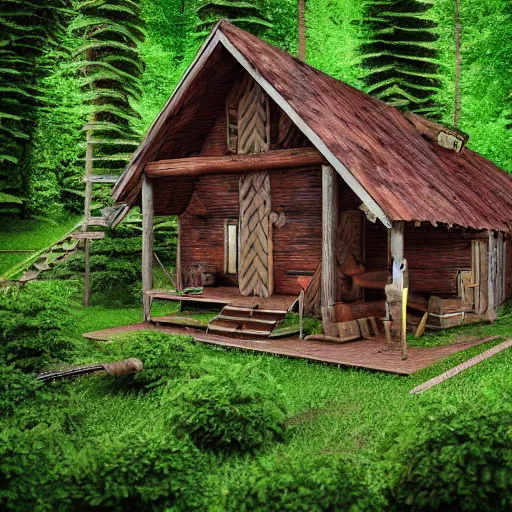 Image similar to 3 d render, isometric forest, photoreal, cabin in the woods