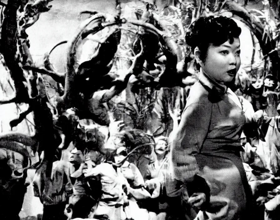 Image similar to a filmstill of pulgasari, kaiju starfish, monster movie, korean film noir, 1 9 5 0 s thriller, kim jong - il, in the style of suspiria ( 1 9 7 7 )