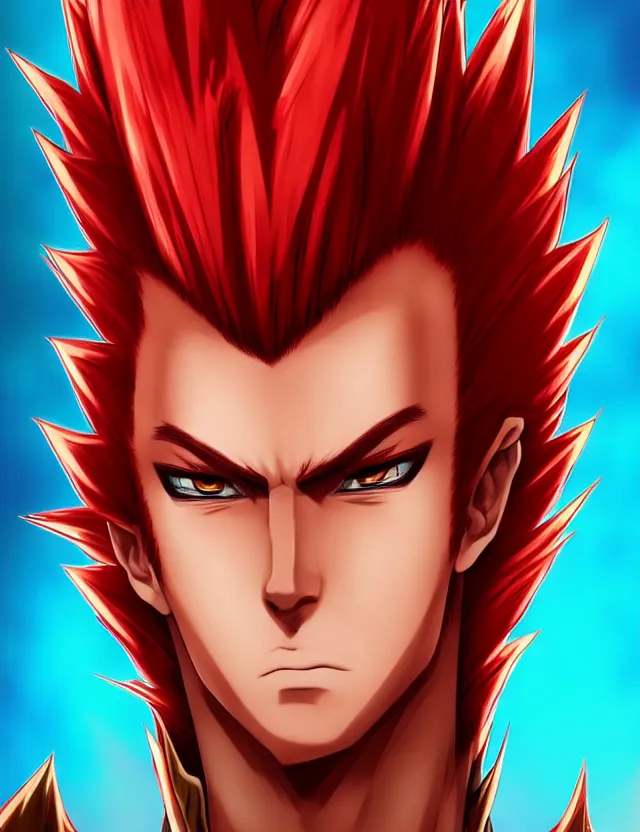 Image similar to a detailed manga portrait of a handsome tall man with spiked crimson hair in fiery crimson crystalline armour, trending on artstation, digital art, 4 k resolution, detailed, high quality, sharp focus, hq artwork, coherent, insane detail, character portrait