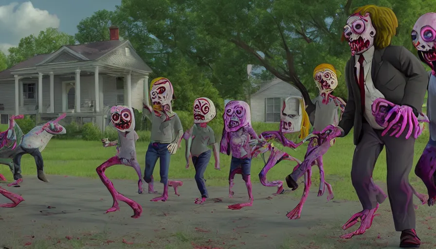 Prompt: night of the living dead by lisa frank's. rotting corpse, zombies, octane render, unreal 5 8 k depth of field, highly - detailed, in the style of family guy