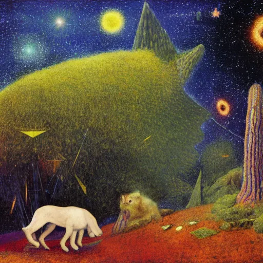 Image similar to psychedelic small cats hidden lush pine forest, outer space, milky way, designed by arnold bocklin, jules bastien - lepage, tarsila do amaral, wayne barlowe and gustave baumann, cheval michael, trending on artstation, star, sharp focus, colorful refracted sparkles and lines, soft light, 8 k 4 k