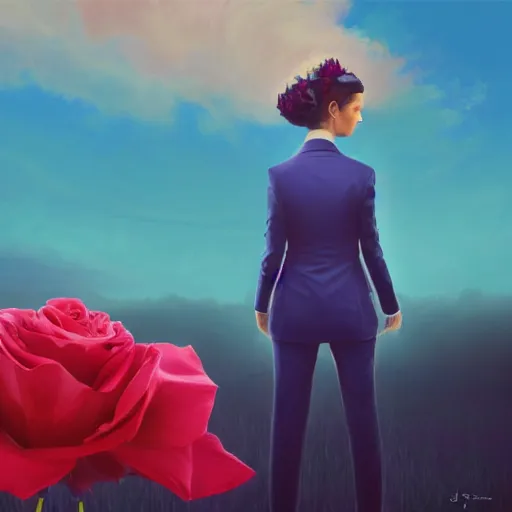 Image similar to closeup, giant rose flower head, frontal, girl in a suit, surreal photography, sunrise, blue sky, dramatic light, impressionist painting, digital painting, artstation, simon stalenhag