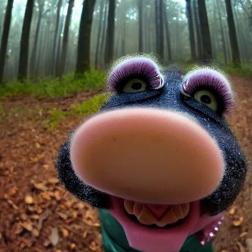 Image similar to miss piggy eats a truffle, trailcam footage, lofi, closeup, fisheye lens, early dawn, forest fog, muted tones, moisture on lens