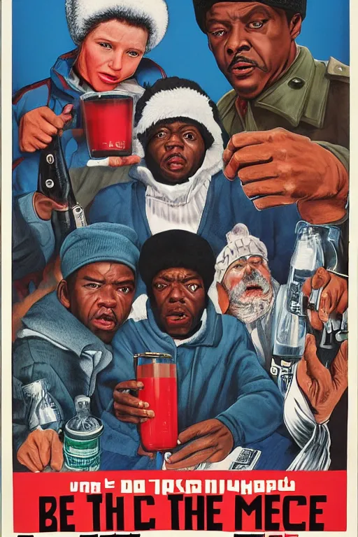 Image similar to poster the movie 1 9 8 8 ussr don't be a menace to south central while drinking your juice in the hood, perfect symmetrical eye, gray fur hat soviet soviet russian winter fur cap with earflaps ushanka, bottle of vodka, bears, kremlin babushka communist criminal