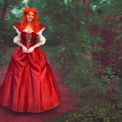 Image similar to red head queen gown, full body, alice in wonderland theme, disney photo realistic, octane render, 8 k, unreal engine, hd, cinematic lighting