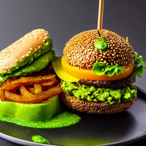 Image similar to juicy vegan hamburger topped with guacamole, fried onion and a vegan fried egg, crispy buns, 8 k resolution, professional food photography, studio lighting, sharp focus, hyper - detailed