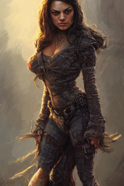 Image similar to tough Mila Kunis as a ruggedly handsome heroine, intricate, elegant, highly detailed, centered, artstation, concept art, smooth, sharp focus, illustration, bokeh art by artgerm and donato giancola and Joseph Christian Leyendecker, WLOP