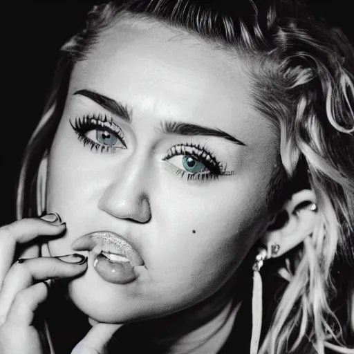 Image similar to Miley Cyrus in a dark room, movie still, photography, DSLR 35mm, low light photography,