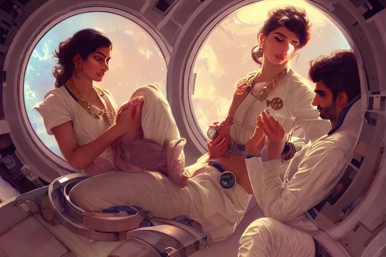 Image similar to Sensual good looking pale young Indian doctors wearing jeans in a space station above Earth, portrait, elegant, intricate, digital painting, artstation, concept art, smooth, sharp focus, illustration, art by artgerm and greg rutkowski and alphonse mucha