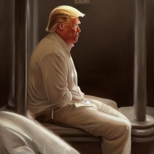 Prompt: a perfect, realistic professional oil painting in classicism style, of Donald Trump crying sitted inside an american prison, by a really great American senior artist on ArtStation, a high-quality Hollywood-style concept, scary, dark