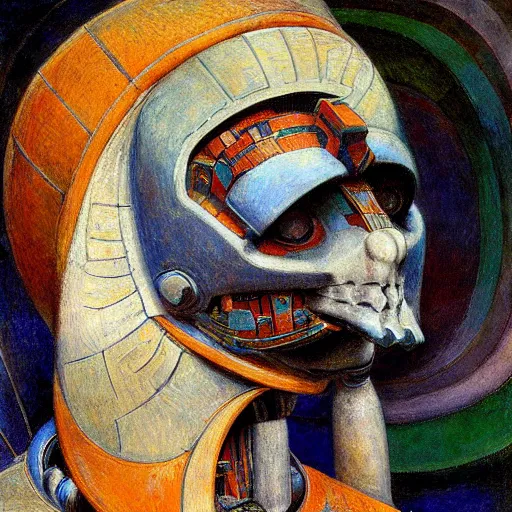 Prompt: the robot wearing her bone crown, by Annie Swynnerton and Diego Rivera , symbolist, dramatic lighting, elaborate geometric ornament, Art Brut, god rays, soft cool colors,smooth, sharp focus, extremely detailed, Adolf Wölfli and (Donato Giancola)