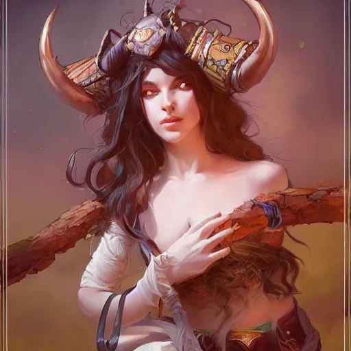 Image similar to cute Whimsical Tiefling Druid with cute horns , light-brown skin, D&D, fantasy, portrait, highly detailed, digital painting, artstation, concept art, sharp focus, illustration, art by greg rutkowski and alphonse mucha