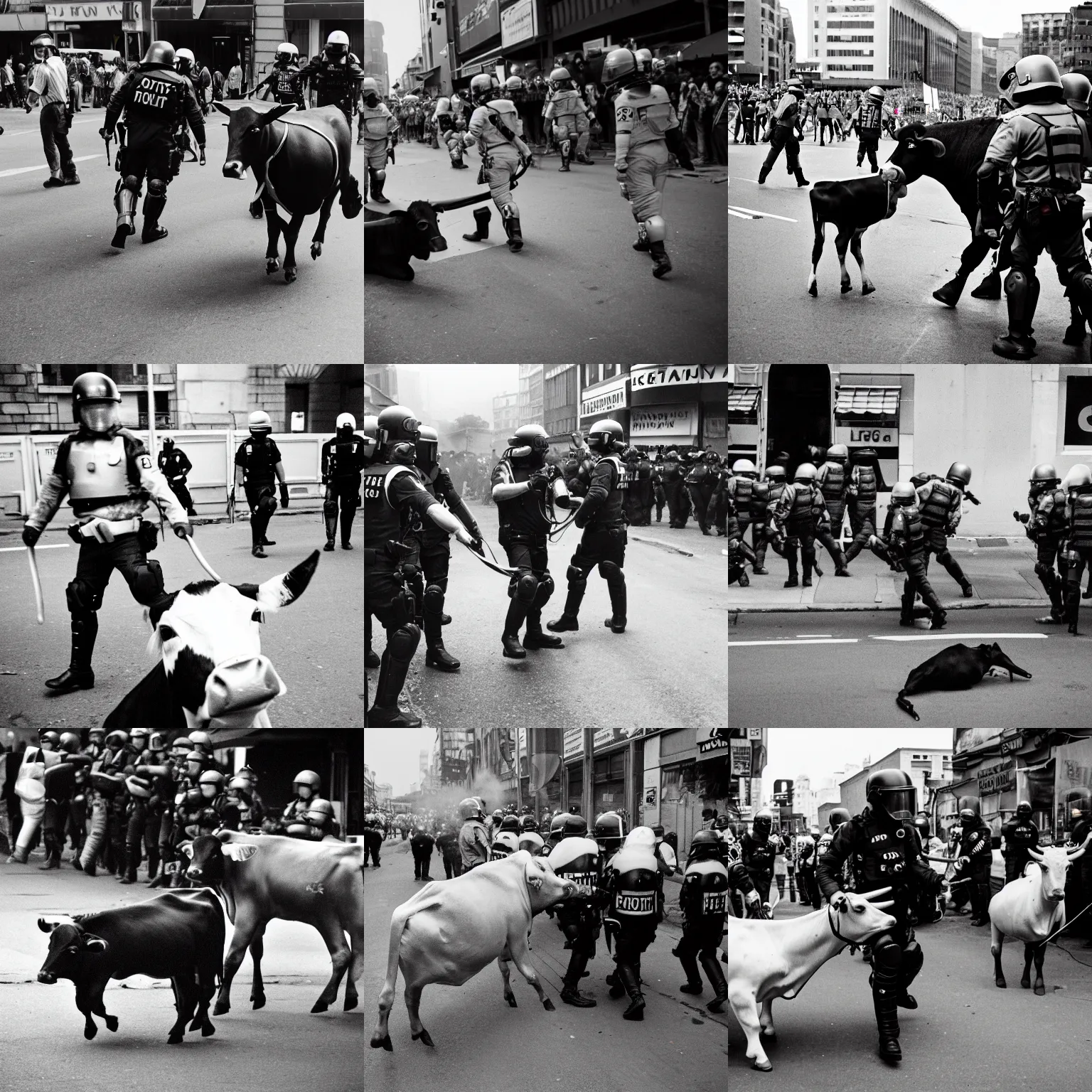 Prompt: riot police beating a cow, leica m 9, voigtlander 3 5 mm, 1 9 6 0 s