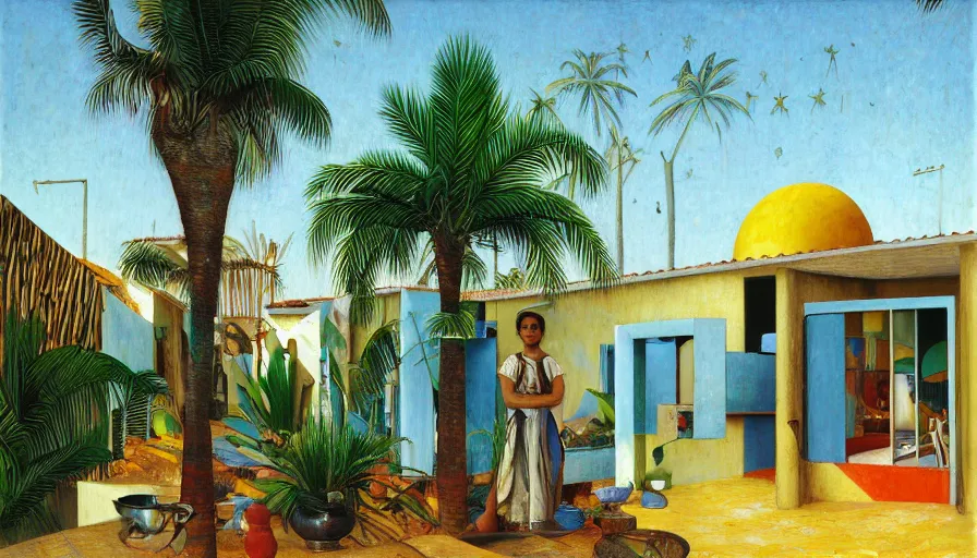 Prompt: 1 9 9 8 brazilian kitchen designed by arthur bispo do rosario, jules bastien - lepage, tarsila do amaral, frank weston and gustave baumann, trending on artstation, mediterranean, palm trees, brutalism, sharp focus, colorful refracted sparkles, star lines, soft light, 8 k