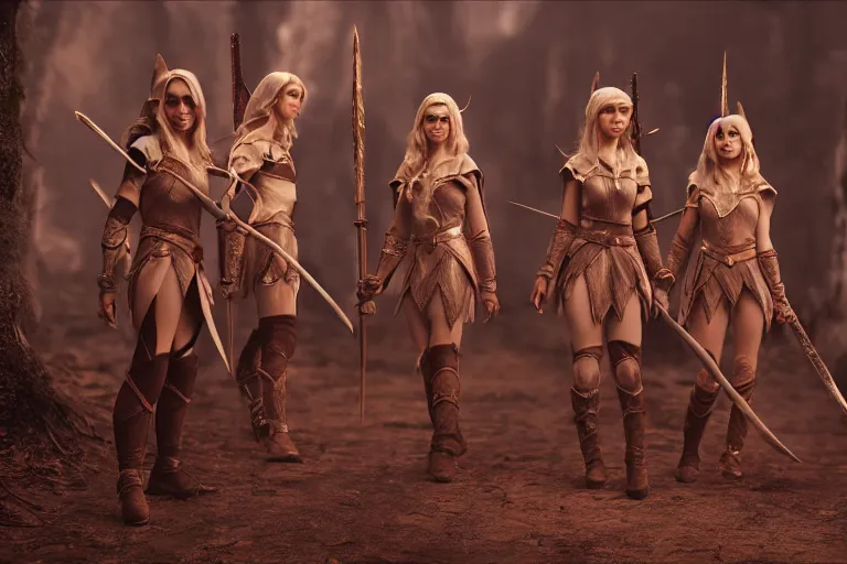 Image similar to a cinematic photograph of three female elf warriors, 8 k, ultra realistic, dramatic lighting, real faces, mist