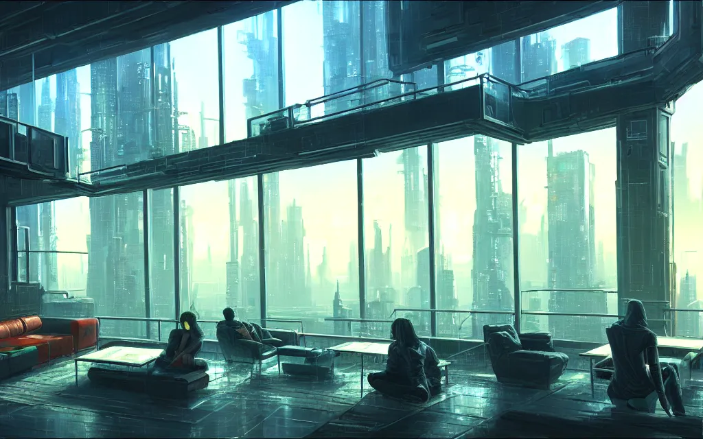 Image similar to cyberpunk loft lounge with tall windows, no people, city in background, drawn by feng zhu, sparse plants, dim painterly lighting volumetric aquatics, impasto