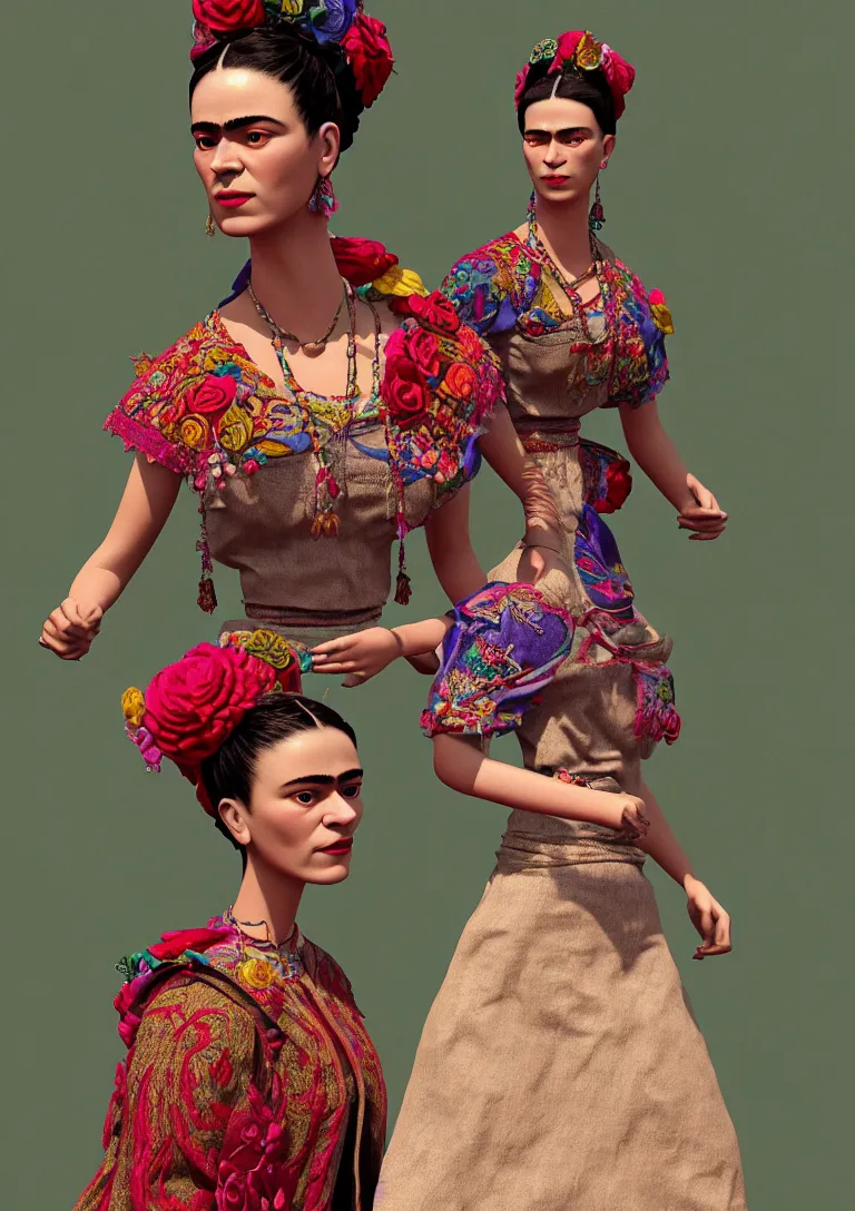 Image similar to cloths on frida khalo style, high detailed intricate fashion clothing, cotton texture, silk colors, ultra realistic, octane render, volumetric lights, long, wide skirts, loose - fitting blouses, elaborate hairstyles, and intricate embroidery