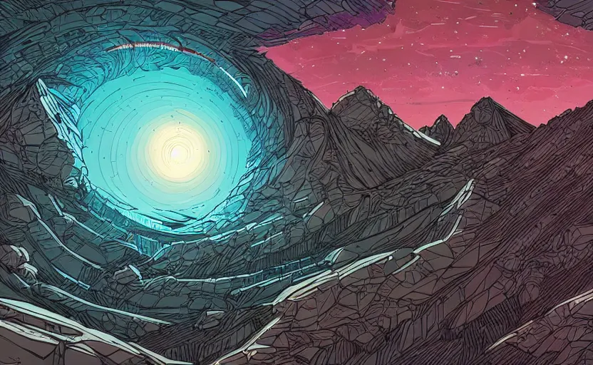 Image similar to concept art of an epic spiral galaxy in style of dan mumford, in style of laurie greasley, in style of james gilleard, very detailed, clean lines, atmospheric, masterpiece