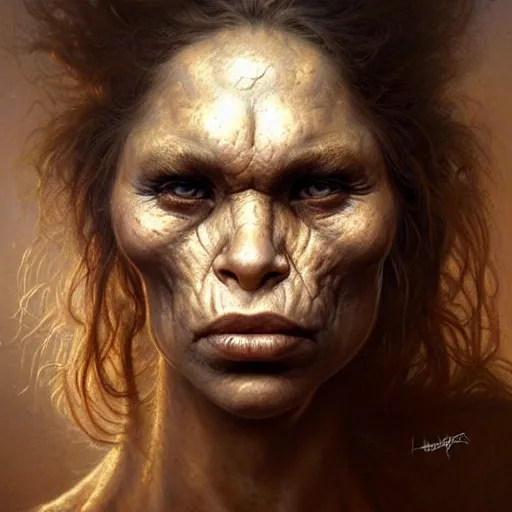 Image similar to portrait of beautiful neanderthal woman. gritty texture. highly detailed, centered, digital painting, artstation, concept art, smooth, sharp focus, golden hour, illustration, artgerm, tomasz alen kopera, peter mohrbacher, donato giancola, joseph christian leyendecker, frank frazetta, boris vallejo