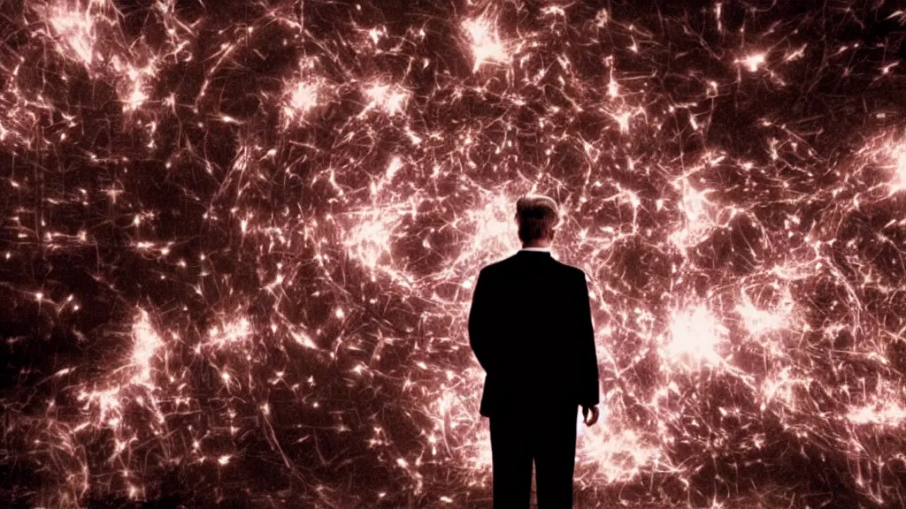 Image similar to movie scene of a man standing in front of a multiverse machine, movie still, cinematic composition, cinematic light, by David Lynch