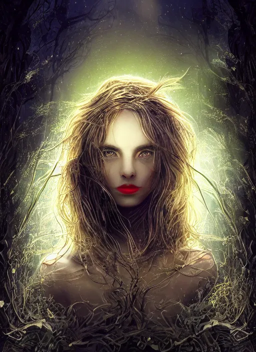 Image similar to glowing silver and golden elements, full close-up portrait, female model, dark witch, book cover, green forest, white moon, red lips, establishing shot, extremly high detail, photo-realistic, cinematic lighting, pen and ink, intricate line drawings, by Yoshitaka Amano, Ruan Jia, Kentaro Miura, Artgerm, post processed, concept art, artstation, matte painting, style by eddie, raphael lacoste, alex ross