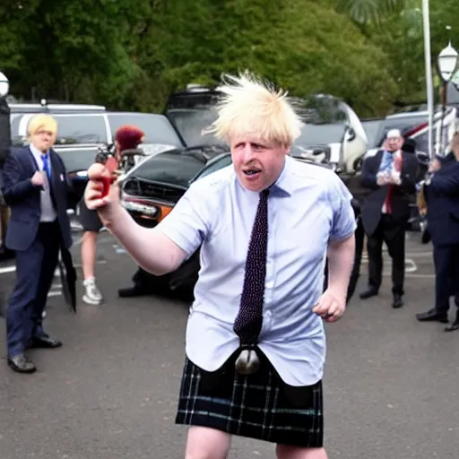 Image similar to boris johnson wearing a kilt, drinking beer and dancing on a parking lot next to a car