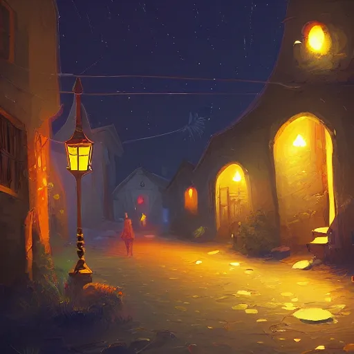 Prompt: A quaint, magical village at night, digital painting by Alena Aenami, trending on artstation