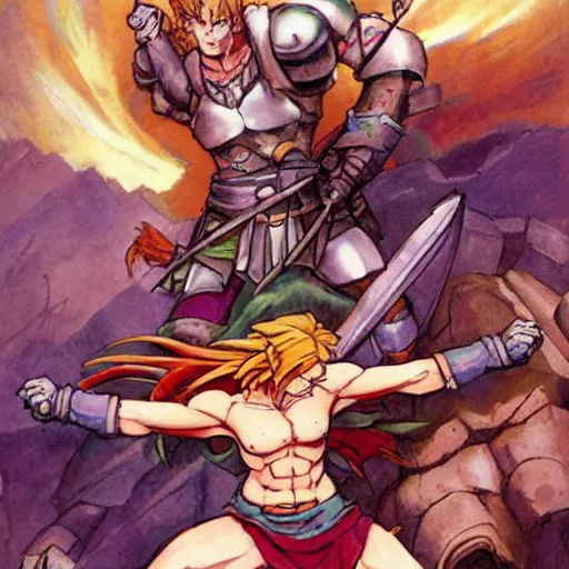 Image similar to crono stands atop a mountain of slain enemies as marle and ayla hug his legs, epic reimagining of chrono trigger by frank frazetta