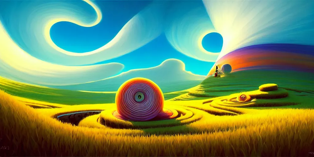 Prompt: spiral, naive nerikomi, weird perspective, extra narrow, detailed illustration, lit by flashlight, scenic spiral environment by rhads from lorax movie, trending artstation, true color, fisheye, grass field mountainous terrain, spiral clouds