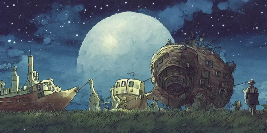 Image similar to a realistic cell - shaded concept art from howl's moving castle ( 2 0 0 4 ) of a huge floating cube from close encounters of the third kind ( 1 9 7 7 ). it is a misty starry night. a mammoth is in the background. very dull colors, hd, 4 k, hq