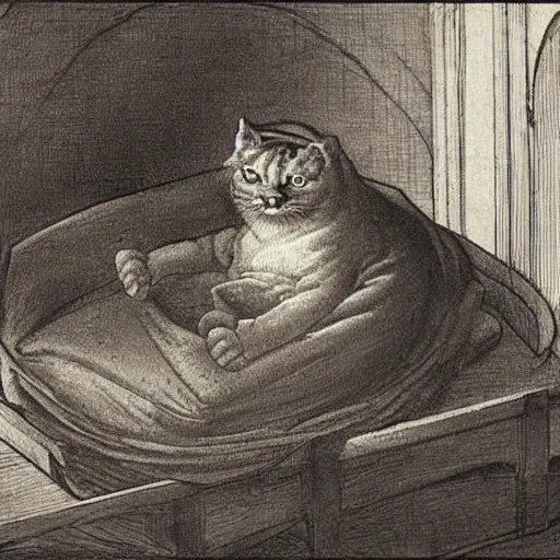 Prompt: garfield in his bed by leonardo davinci