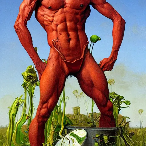 Prompt: Ripped Physique Portrait of a Venus Flytrap Guy wearing a Venus Flytrap costume plant disguised as a human standing atop a red clay pot greg rutkowski jen bartel peter mohrbacher anna podedworna arthur rackham salvador dali octavio ocampo jacek yerka winslow homer norman rockwell inio asano prismacolor tombow quill