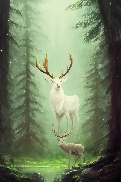 Image similar to Magical White Stag, lush evergreen forest, vivid colors, night scene, 4K, character concept art, oil painting, digital painting, painterly, cinematic lighting, rule of thirds, trending in artstation, cgsociety, by anato finnstark, Artgerm, Greg Rutkowski, Joseph Christian Leyendecker