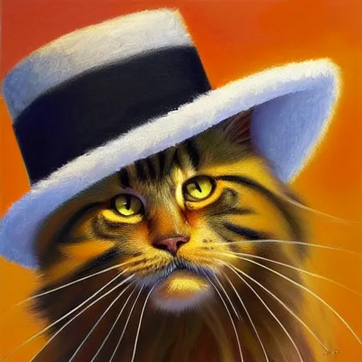 Prompt: Beautiful Oil painting of an orange Maine-coon with a white beard. wearing a wide-brimmed straw sombrero sombrero